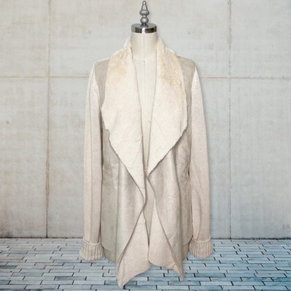 OST Cream Fur Shearling Open Front Draped Wool Sweater Cardigan Nwt